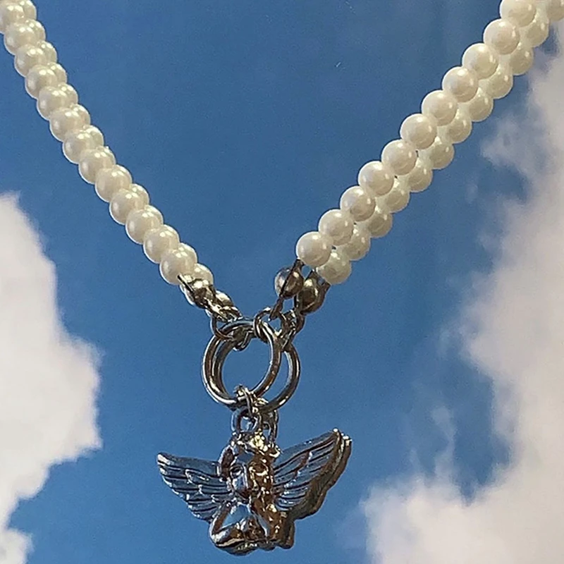 Y2K Pearl Cupid Angel Necklace for Women Metal Fashion Vintage Harajuku Charms Necklace Jewelry 90s Style Friendship Gifts New