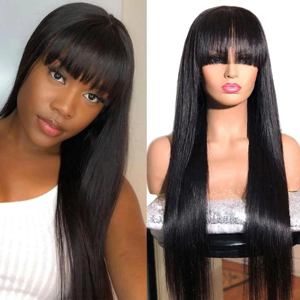 Straight Lace Front Wig With Bangs Friange Straight Human Hair Wigs With Bangs For Women Brazilian Bang Wig Human Hair Frontal