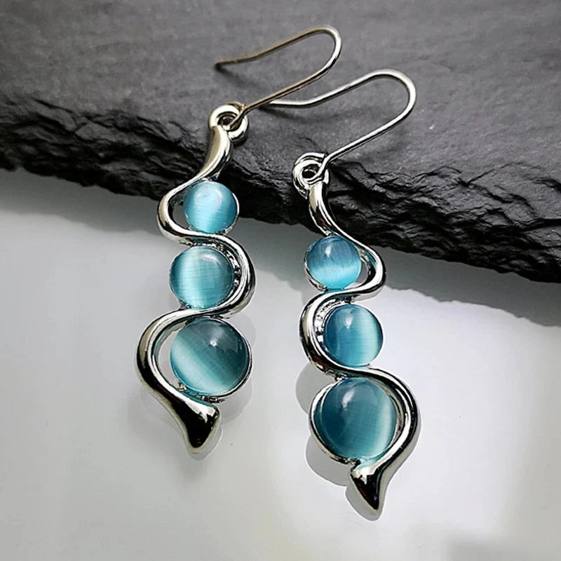 Fashion Beaded Earrings Resin Stone Blue Moonstone Dangle Long Jewelry Charm Silver Color Twist Hook Earring For Women O5D408