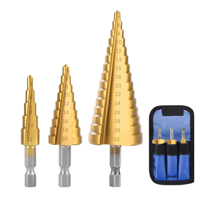 Step Drill Bit 3-12mm 4-12mm 4-20mm 4-32mm HSS Straight Groove Titanium Coated Wood Metal Hole Cutter Drilling Power Tools Set