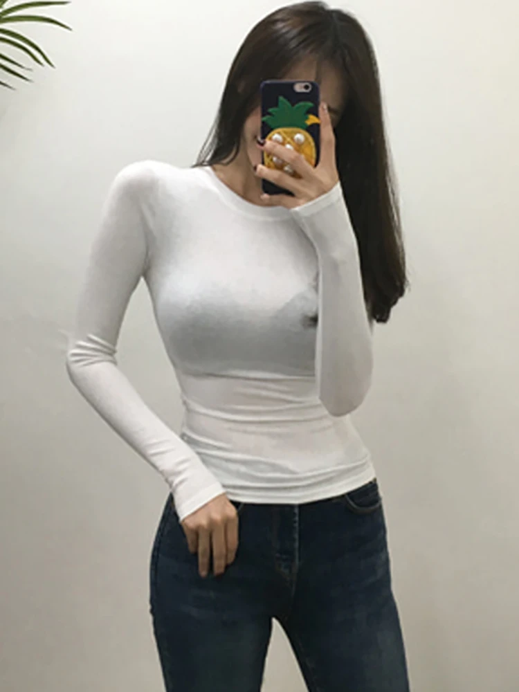 T Shirt Korean Style Slim T-shirts 2021 Sexy Tshirts Cotton Long Sleeve Summer Tops Tee Shirt Femme Khaki Blue White Black