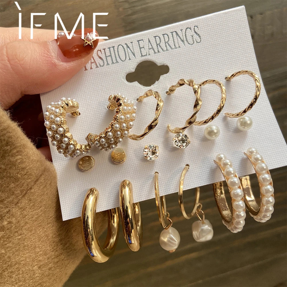 IF ME Vintage Gold Hoop Earrings Set for Women Girl Pearl Circle Hoop Earring Big Piercing Brinco Fashion Jewelry 2021 New Gifts