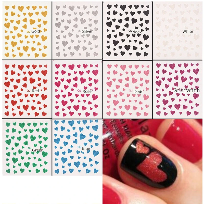 10PCS/lot Sweet Heart 3D Nail Sticker Gold Silver Black Sexy Red Nail Decal With Glitter Powder