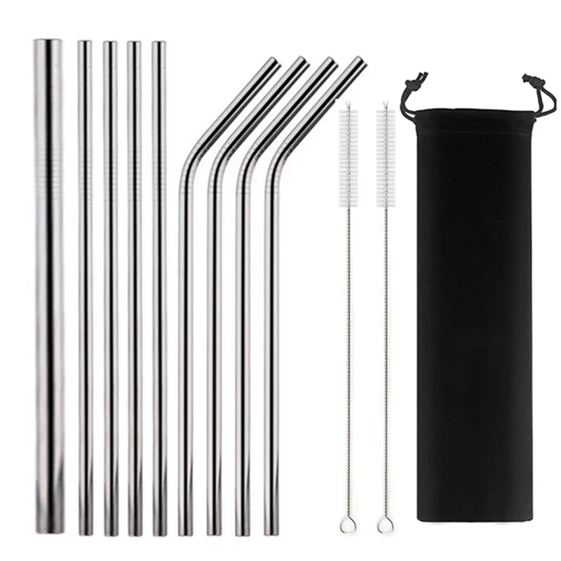 Reusable Metal Straw 304 Stainless Steel Drinking Straws Set with Cleaning Brushes Straight Bent Boba Straw Bar Party Accessory