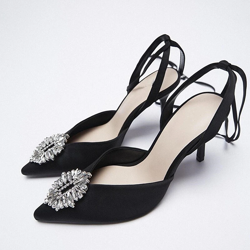 2021 Summer New Women's Black shoes Rhinestone Pointed Toe Ankle strapp Wedding shoes High Heel Sandals for Women