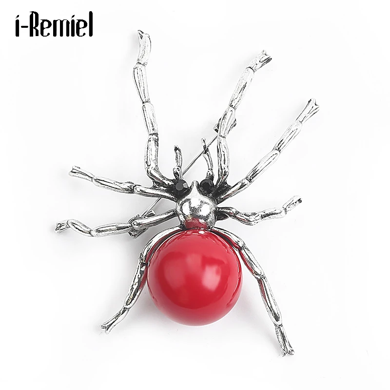 Fashion Metal Red Imitation Pearl Spider Brooch Personality Insect Suit Lapel Pin Hat Clothing Scarf Buckle Men Accessories