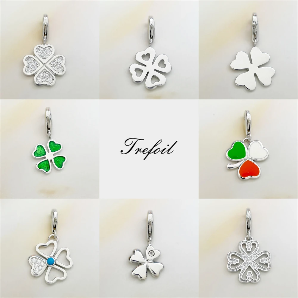 Four Leaf Clover Lucky Charms Pendant,Fashion Jewelry 925 Sterling Silver Trendy Gift For Women Men Fit Bracelet Necklace Bag