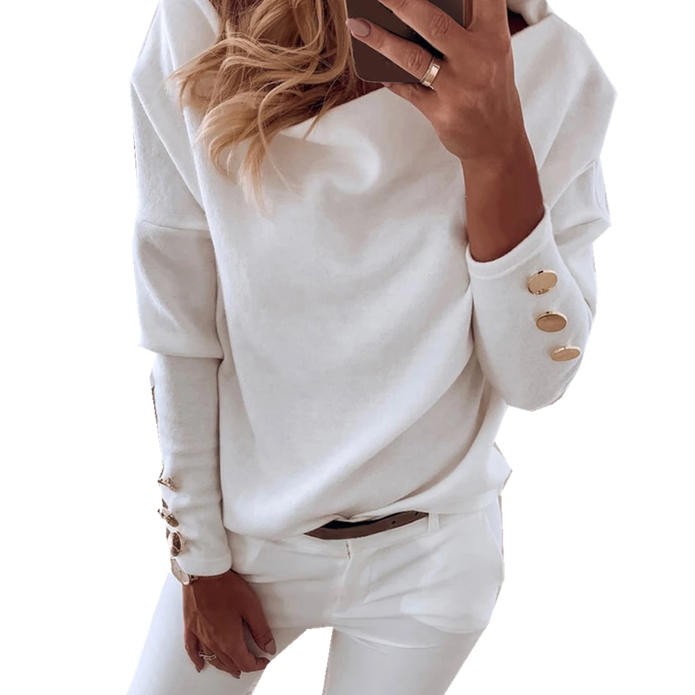 2020 Women Ladies Autumn Winter Sexy Solid Color Off-Shoulder T-Shirt Buttons Pullover Tops Women's Long Sleeve Clothing