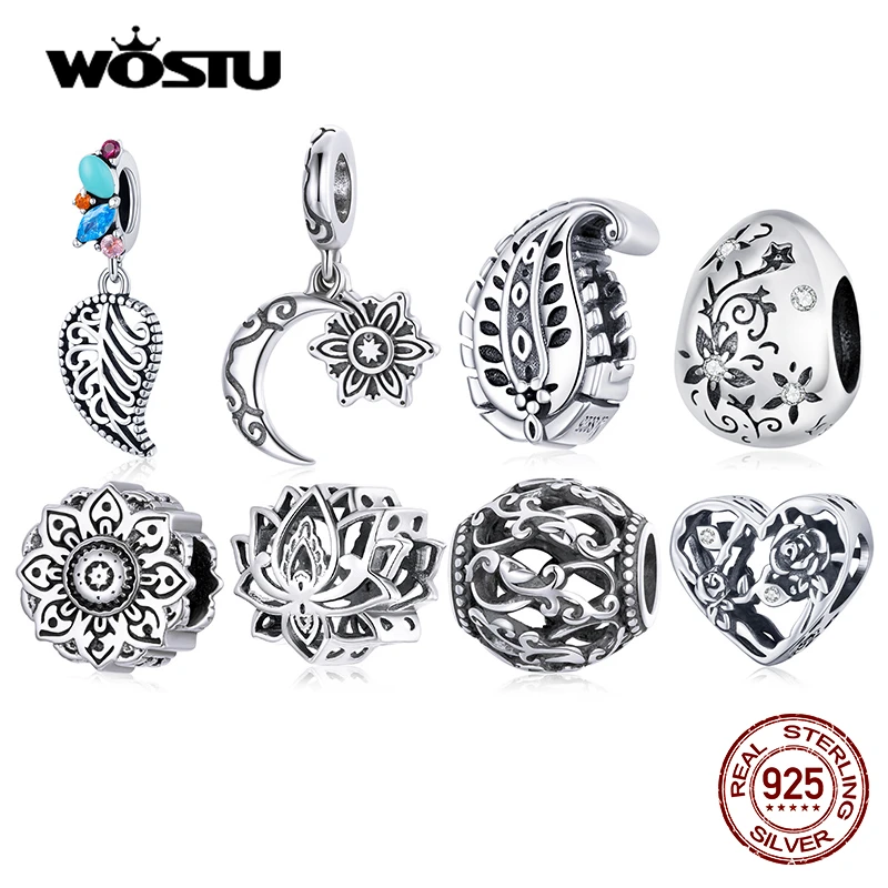 WOSTU 925 Sterling Silver Bead Blooming Lotus Charms Flower Pendant Fit Original Bracelet Necklace Good Lucky Jewelry CQC1724