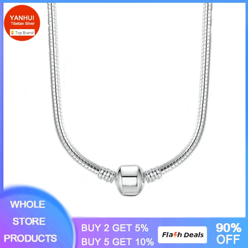 With Certificate 45-60cm 925 Sterling Silver Snake Chain Necklace Fit Pendants Beads Charms DIY Jewelry Necklace Accessories