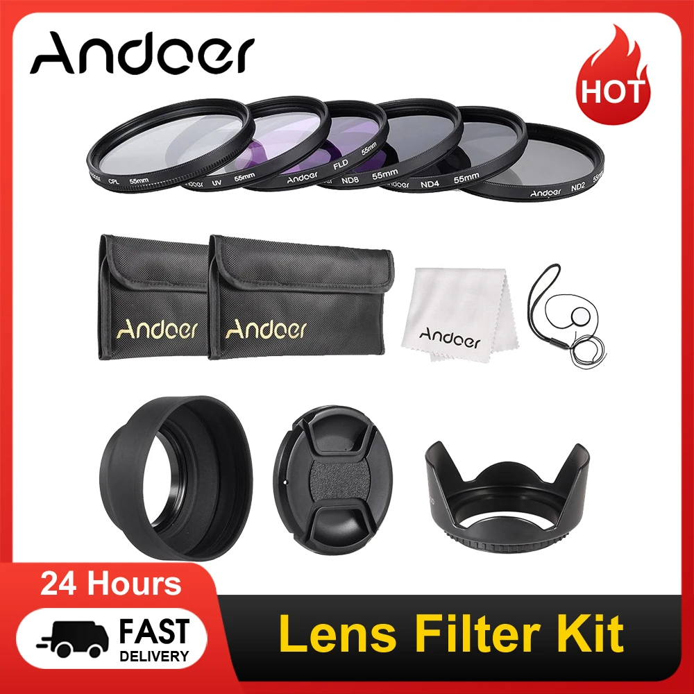Andoer 49-77mm Lens Filter Kit UV+CPL+FLD+ND(ND2 ND4 ND8) with Carry Pouch/Lens Cap/Lens Cap Holder/Tulip & Rubber Lens Hoods