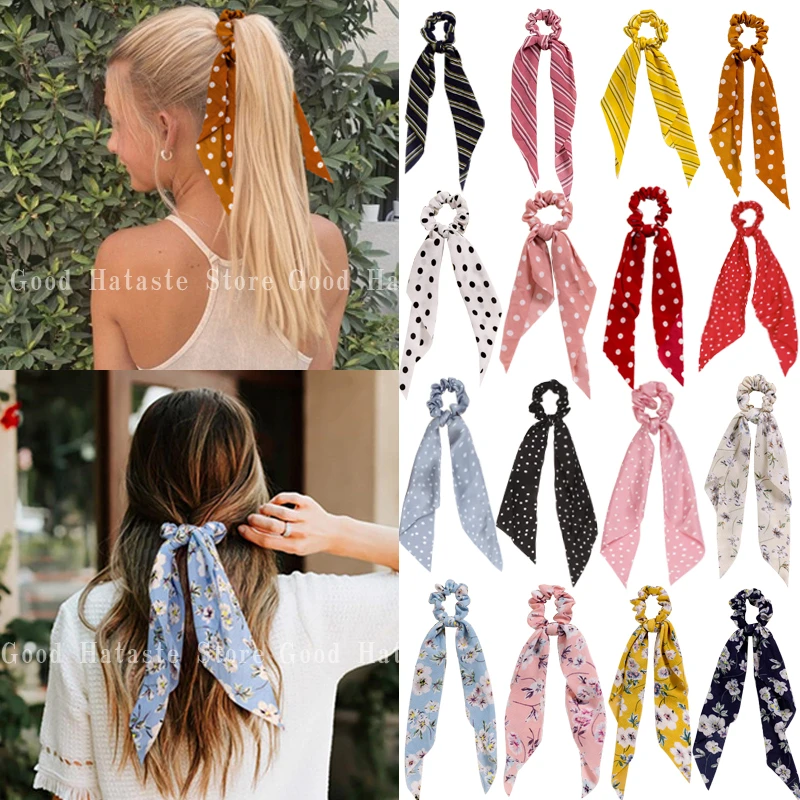 Fashion Printing Hair Bands Long Scarf Ribbons Scrunchie For Women Elegant Bow Tie Girl Elastic Ponytail Holder Hair Accessories