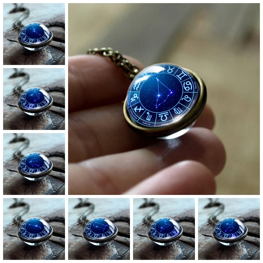 12 Zodiac Double Side Glass Pendant Necklace Leo Virgo Taurus Gemini Scorpio Necklace 12 Constellations Men Women Jewelry