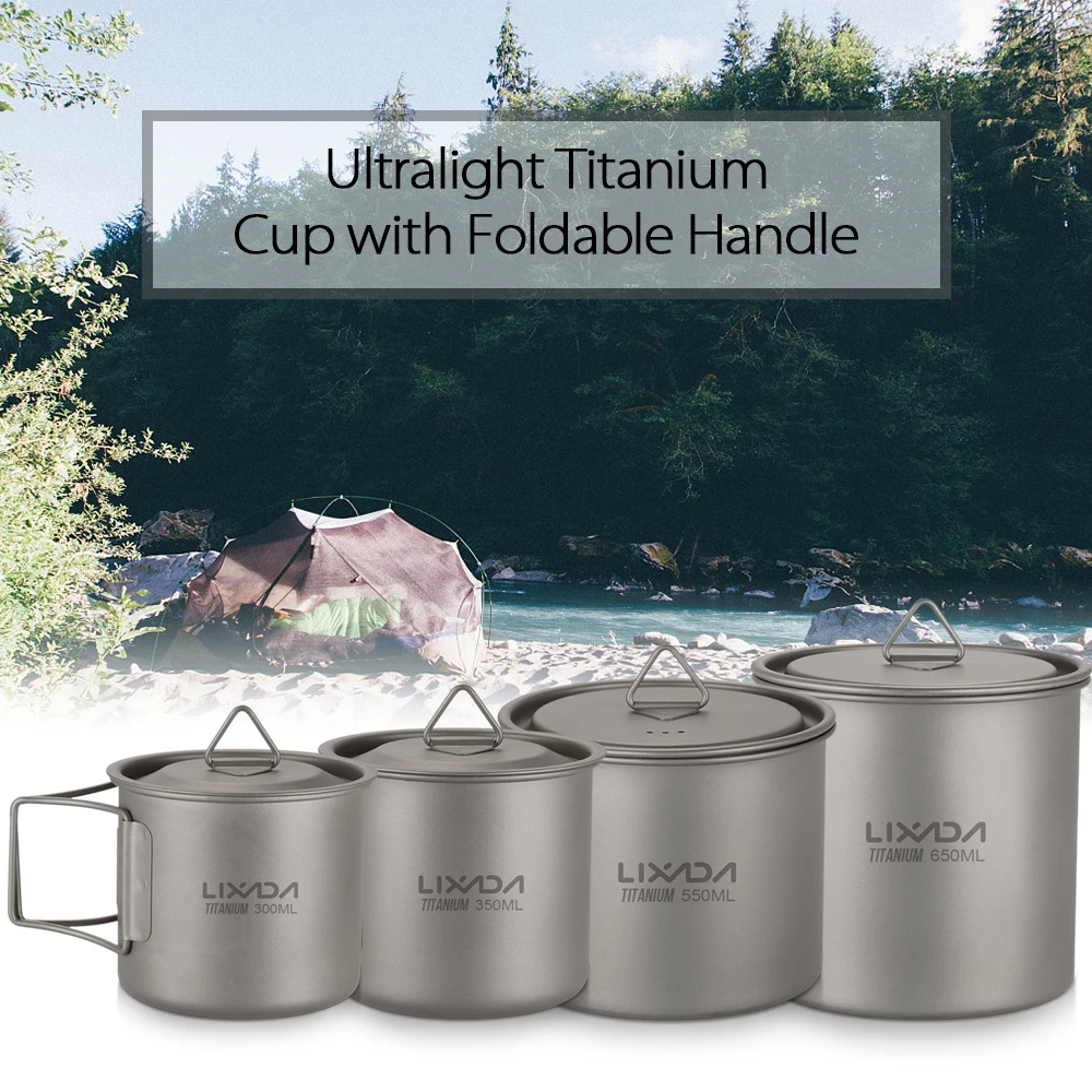 Lixada Ultralight Titanium Cup Outdoor Portable Camping Picnic Water Cup Mug with Foldable Handle 300ml / 350ml / 550ml / 650ml