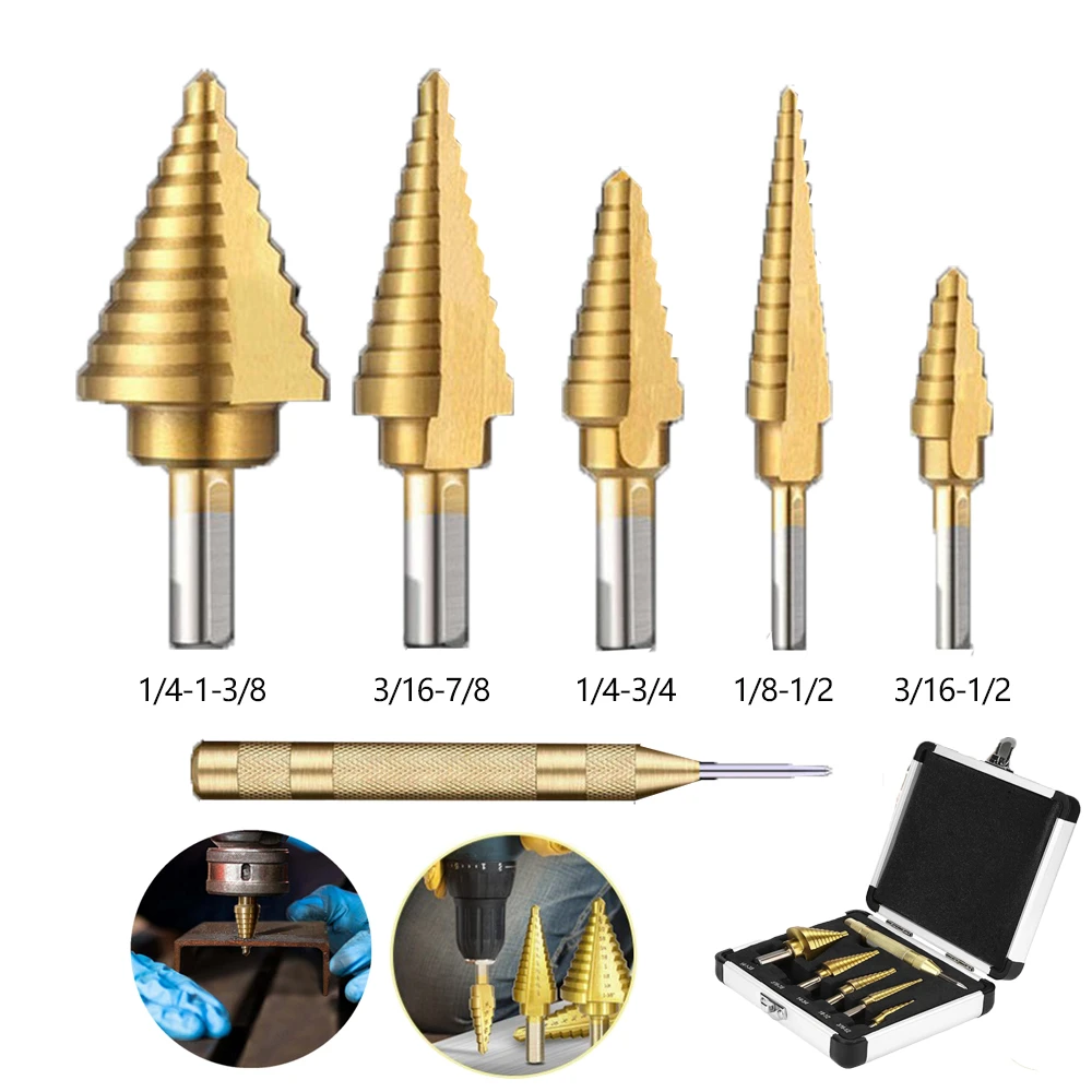 6pcs HSS Titanium High Speed Steel Cobalt Step Drill Hot Sale High Speed Steel Drill Bit Set Center Punch for Accurate Locator