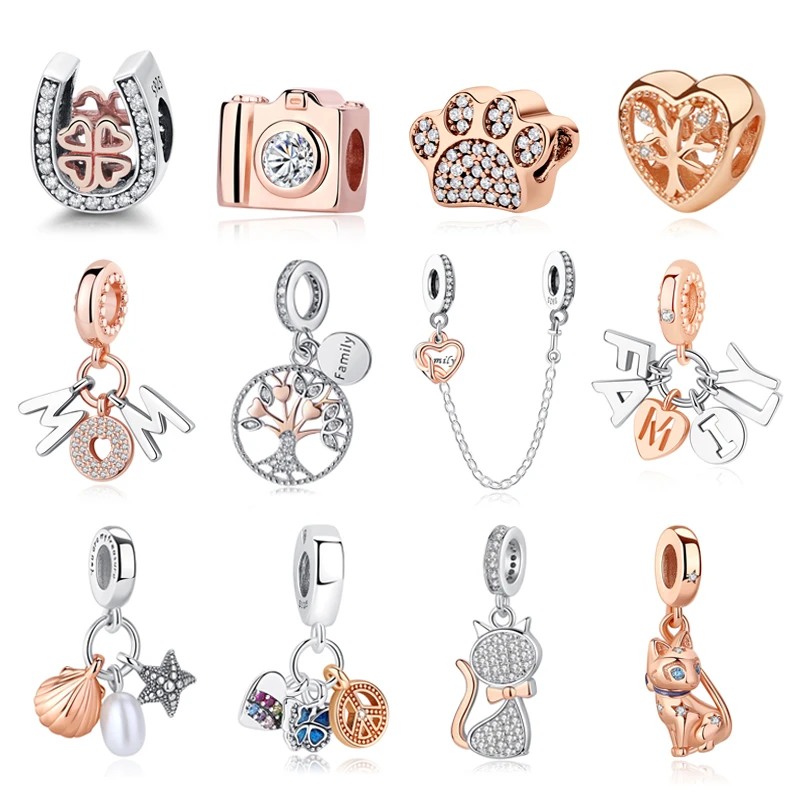 Original 925 Sterling Silver Charm Bead Family Tree Pendant Spacer Clip Charms Rose Gold Fit Pandora Bracelets DIY Jewelry