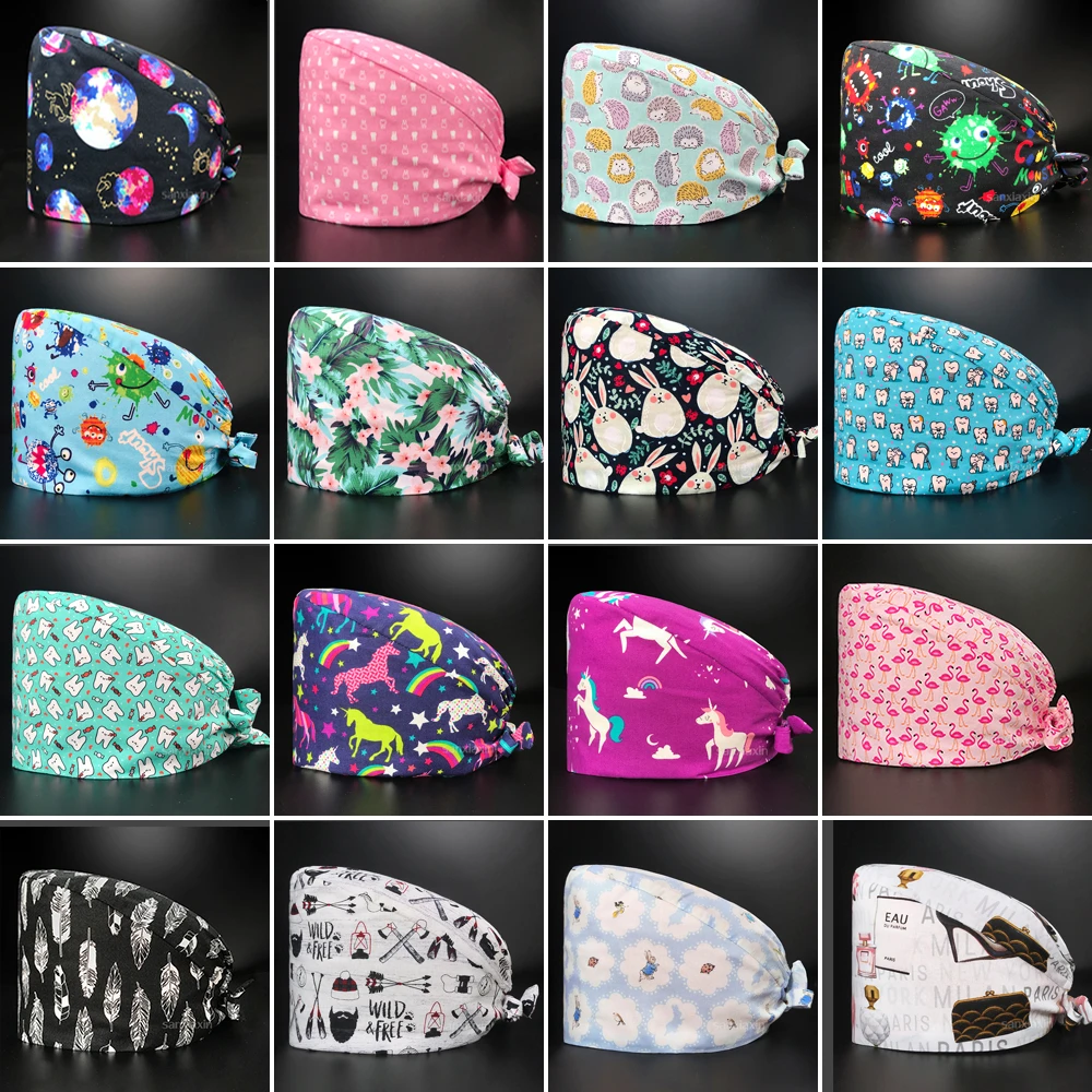 Pet shop beauty scrub hat 100% cotton breathable cartoon printing surgical cap laboratory female work cap wholesale custom logo