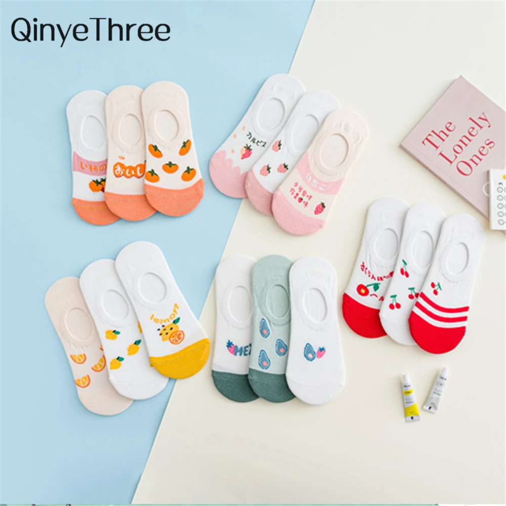 3 pairs/lot women's lovely cartoon fruit invisible socks funny avocado cherry lemon orange strawberry series no-slip sokken