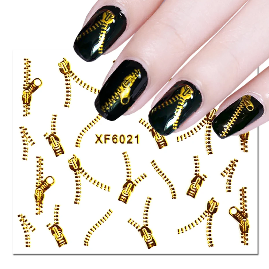 1 Sheet 3D Gold Zipper Sticker On Nail Spider Feather Design Water Transfer Decal For Nail Art Decoration Manicure Slider LA1553