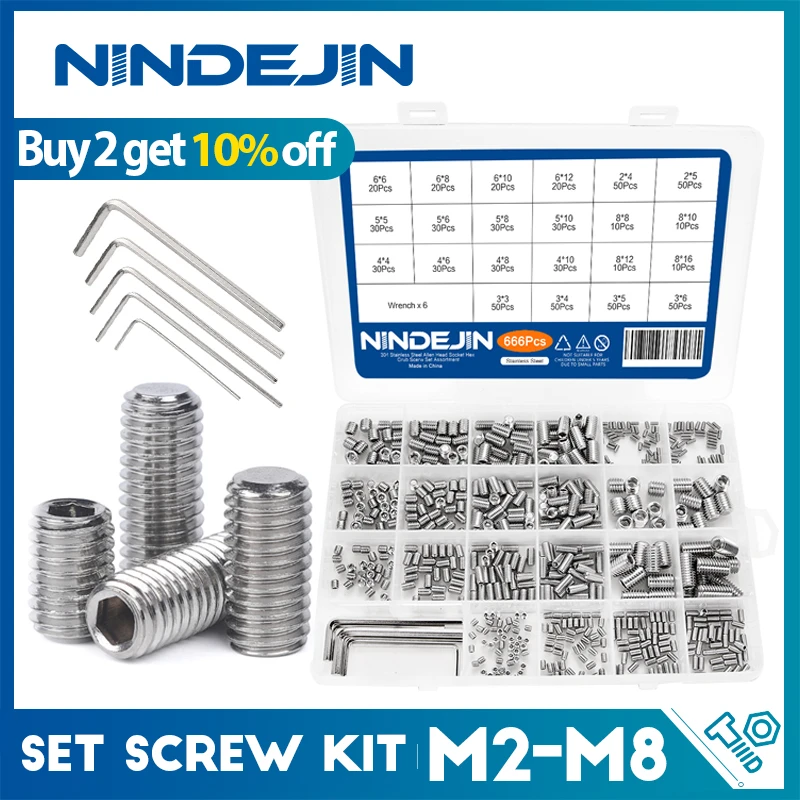 666pcs Hex hexagon socket grub screw flat point set screw assorted kit stainless steel M2 M3 M4 M5 M6 M8 headless screw set