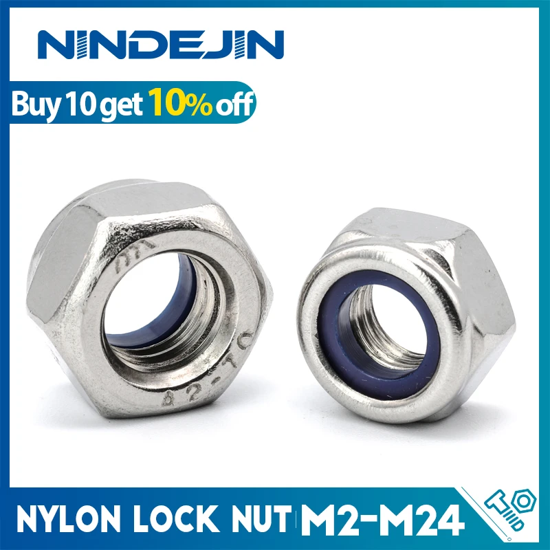 NINDEJIN Nylon Lock Nut Stainless Steel Hex Hexagon Locking Nut M2 M2.5 M3 M4 M5 M6 M8 M10 M12 M14 M16 M20 M24 Locknut DIN985