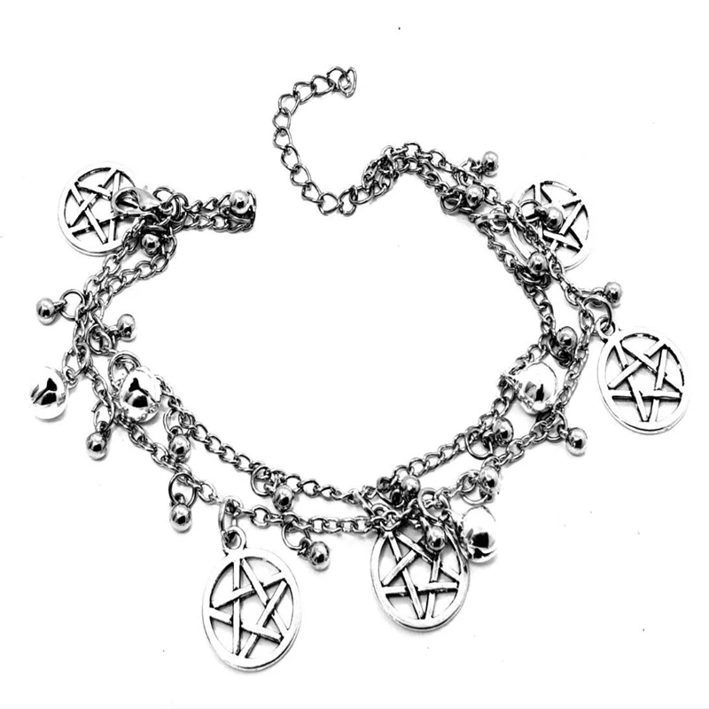 Multi-layer Chain Pendant Pentacle Bracelet Tassel Bead Bell Supernatural Pentagram Charm Bracelet For Man Women Gothic  Jewelry