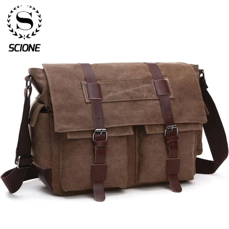 Scione Men Business Messenger Bags For Men Shoulder Bag Canvas Crossbody Pack Retro Casual Office Travel Bag