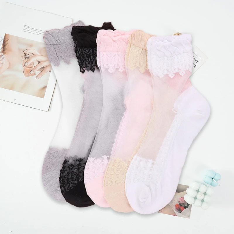 3/5 Pairs New Product Crystal Silk Tide Socks Women Breathable Sexy Black Lace Girls Nylon Casual High Quality Sox New Year Gift