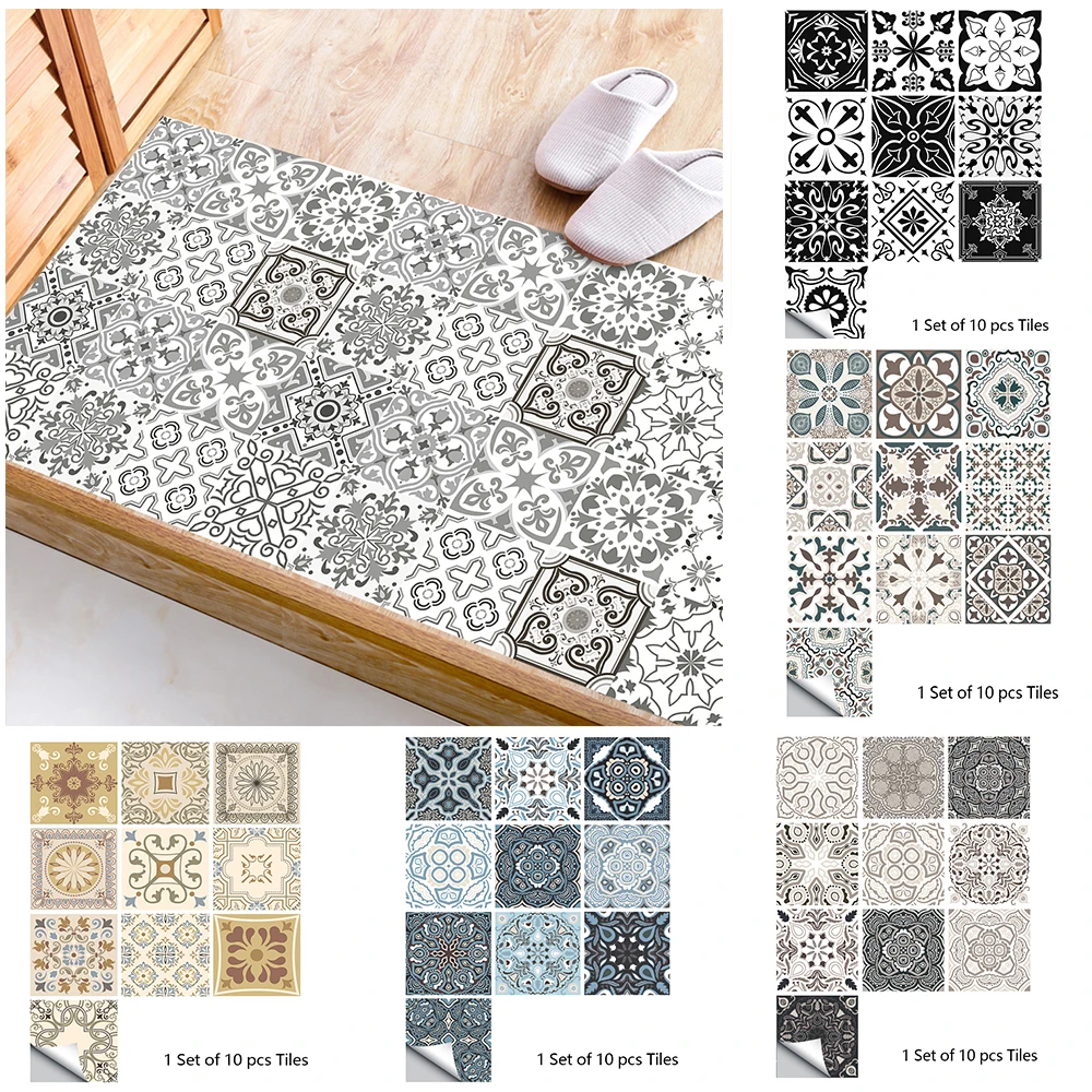 10pcs Gray Retro Pattern Matte Surface Tiles Sticker Transfers Covers for Kitchen Bathroom Tables Floor Hard-wearing Wall Decals