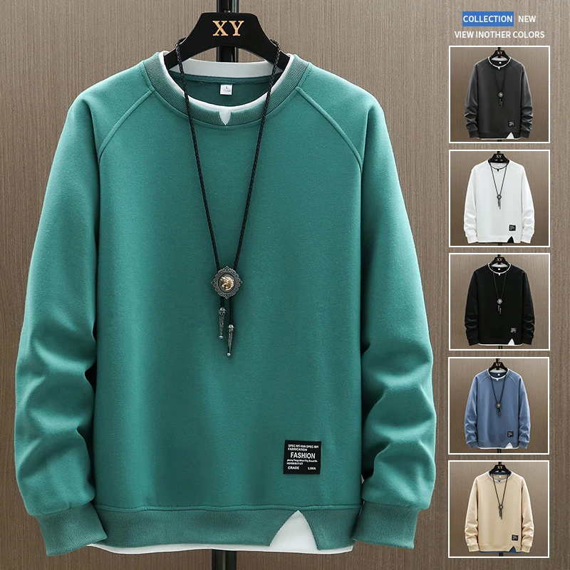 Mens Casual Sweatshirts Harajuku Solid Color 2021 New Fashion Male Fake Two Pieces O-Neck Sweatshirt Hoodies Hip Hop Streetwear