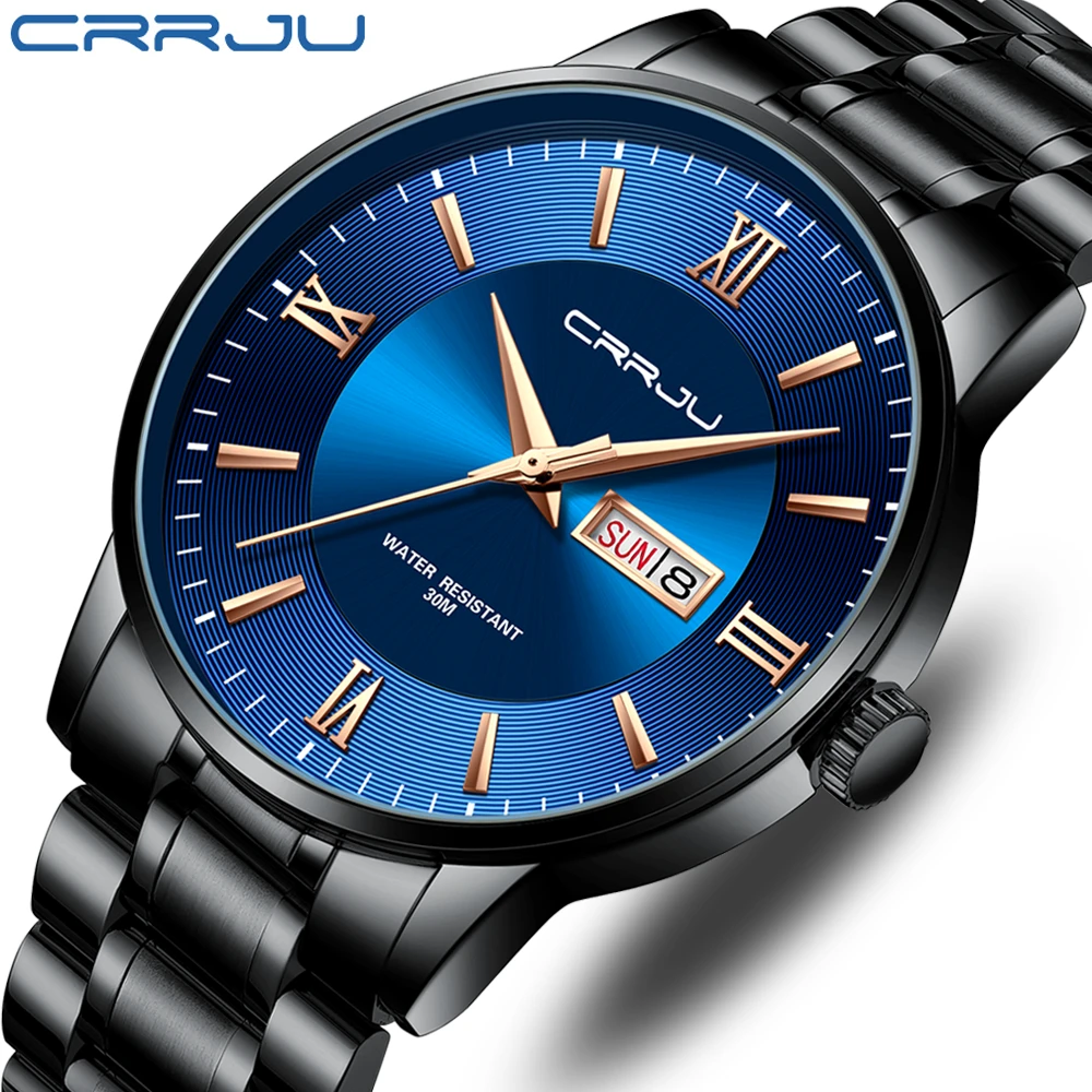 relogio masculino CRRJU Men's Watches Fashion WristWatch for Men Stainless Steel Band waterproof Date Blue Gift Quartz watches