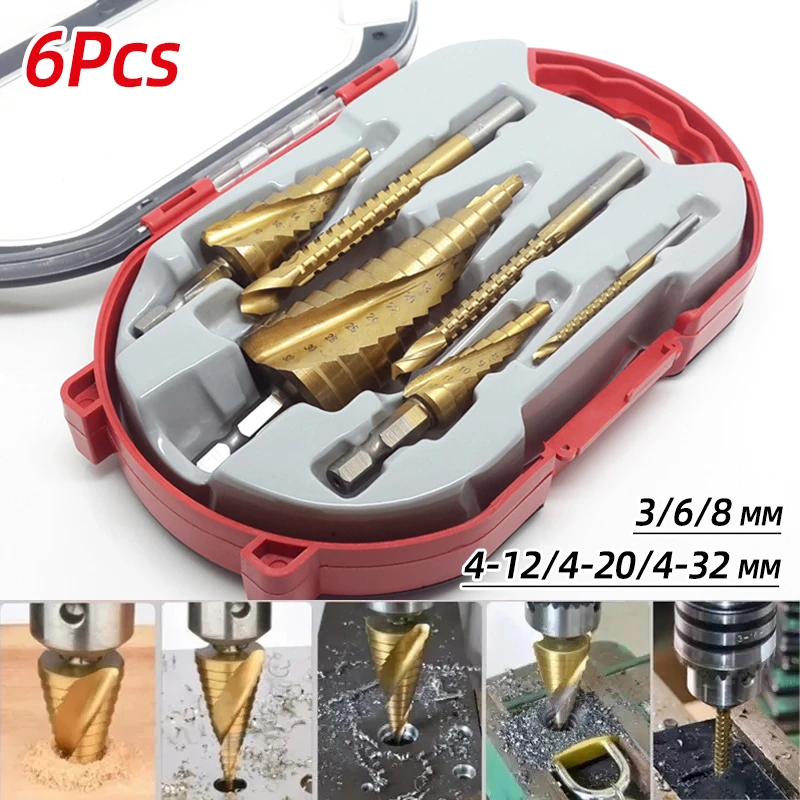 6Pcs HSS Steel Titanium Step Drill Bit Set 4-12/20/32mm Metal Hole Cutter Wood Cone Core Drilling Hole Saw Tool+3,6,8 Saw Drill