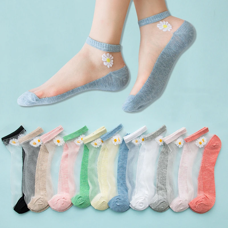 5Pairs/Lot Summer Woman Socks Ankle Ultra-thin Silk Transparent Cass Glass Fiber Fashion Daisy Flower Harajuku Cute Style as0006