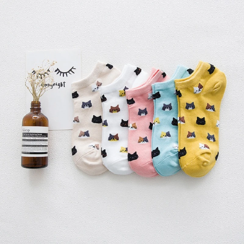 5 Pairs Daisy Casual Cotton Women Socks Ankle Lot Cartoon Cute Fruit Cat Print Low Cut Fashion Sports Heart Kawaii Slippers Set