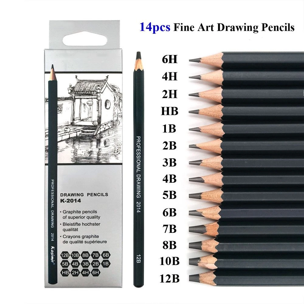 14pcs/set Professional Wooden Sketch Pencils 12B10B 8B 7B 6B 5B 4B 3B 2B Graphite Art Manual Draw Pen Office School Stationery