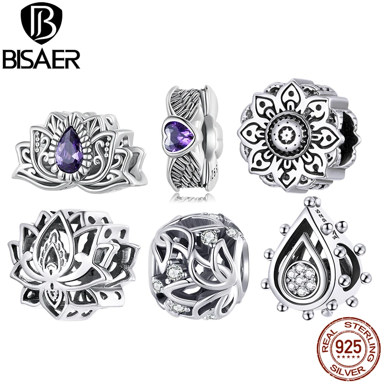BISAER Blooming Lotus Beads 925 Sterling Silver Purity Flower Charms Pendant Fit DIY Bracelet Necklace Jewelry ECC1724