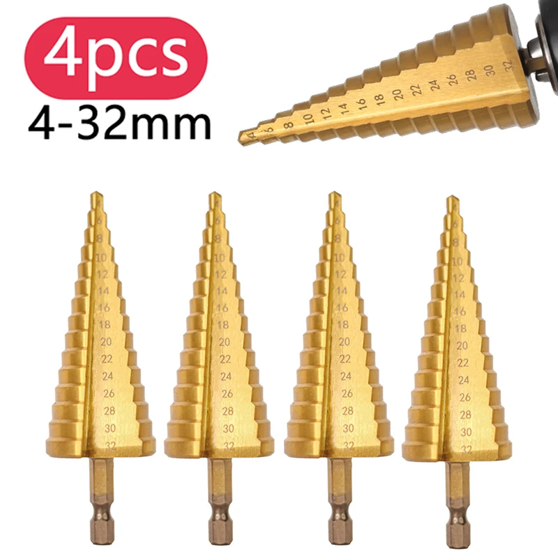 1 Piece 4-32MM HSS Titanium Coated Step Drill Bit High Speed Steel Metal Wood Hole Cutter Cone Drilling Power Woodworking Tools