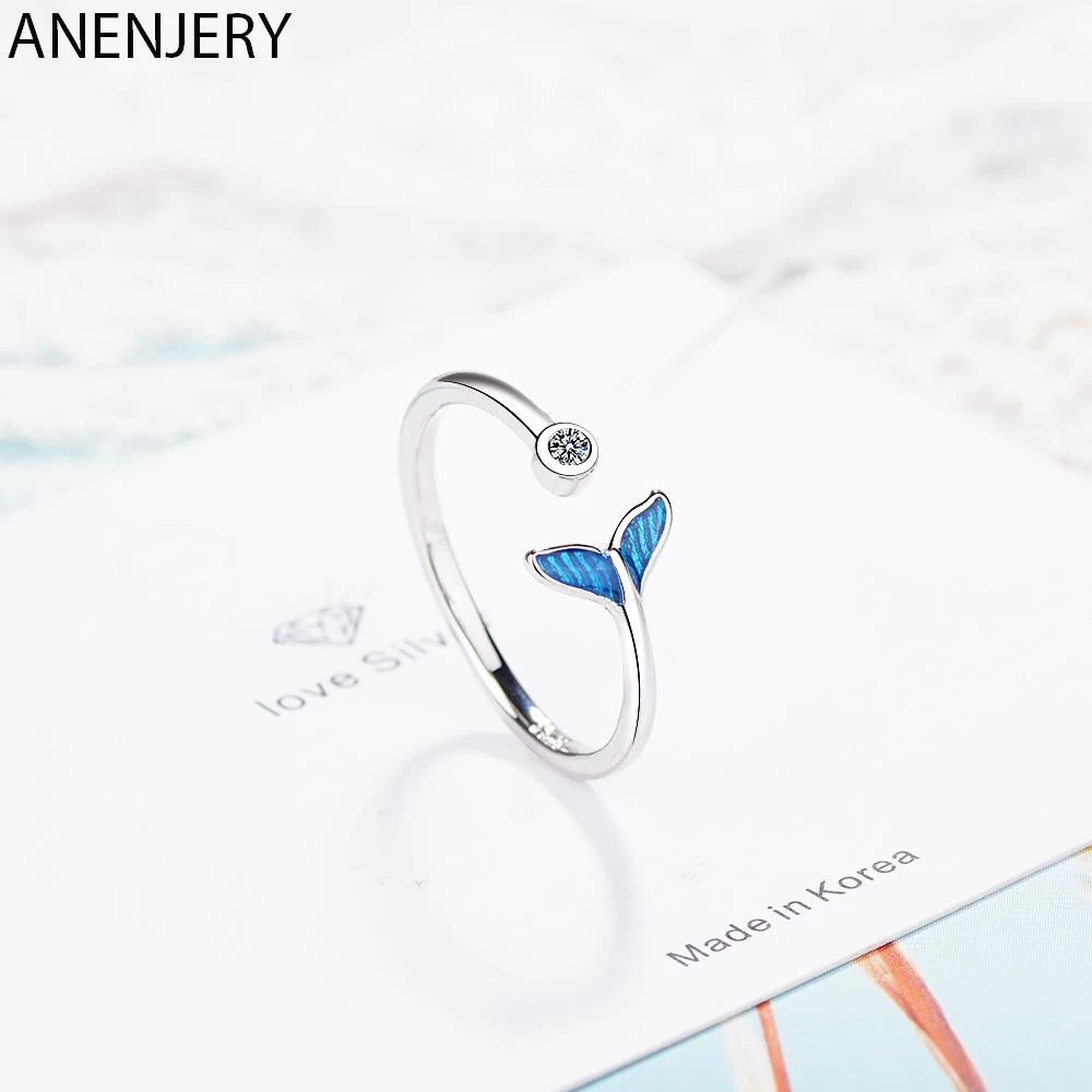 Trendy Silver Color Blue Mermaid Tail Cuff Ring With Cubic Zirco Sea Whale Fish Tail Bague Rings Romantic Gifts S-R388