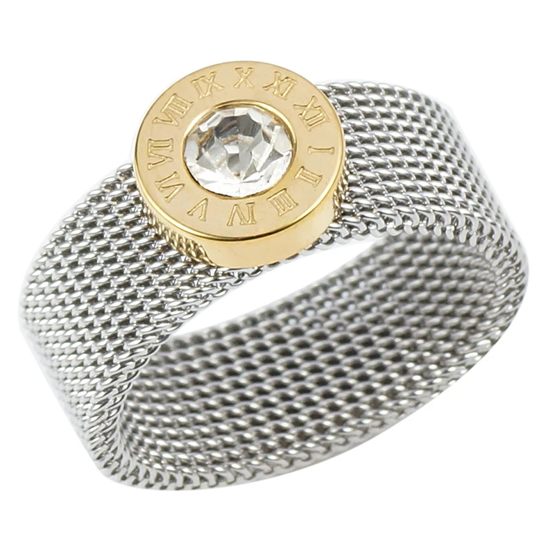 Gold Silver Color Stainless Steel Ring Big Round Crystal Mesh Finger Ring Roman Numerals Rings Round Titanium Ring for Women Men