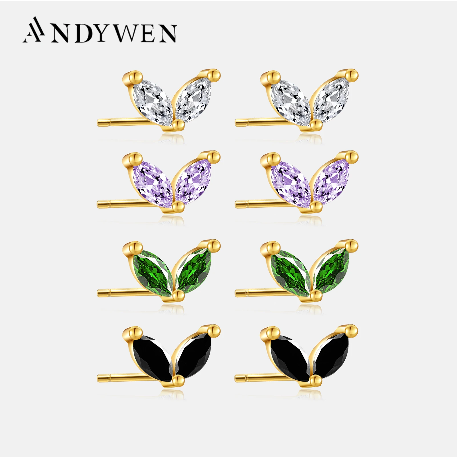 ANDYWEN 925 Sterling Silver Gold Rainbow Colorful Purple Green Stud Earring Piercing Ohrringe Luxury CZ Fashion Fine Jewels