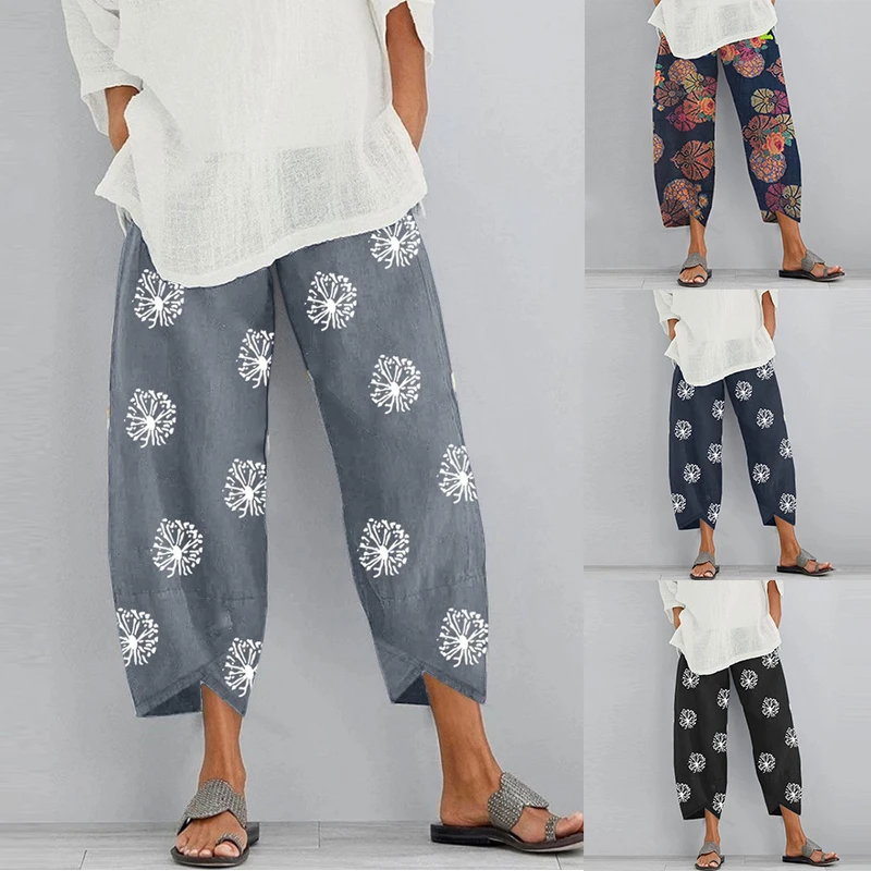 Women Vintage Harem Pants Floral Print Elastic Waist Plus Size Loose Trousers Cotton Linen Wide Leg Pant Loose Summer Pants