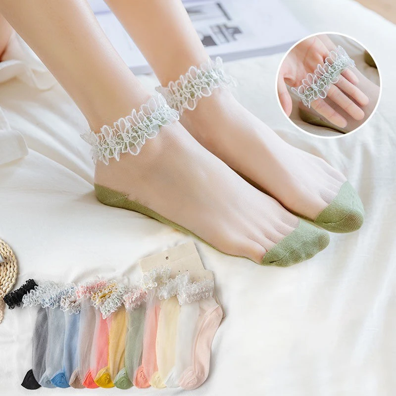 6 pieces = 3 pair Socks Women's Ankle Non-slip Socks For Women Transparent Invisible Socks Summer Lace Elastic Sheer Thin Socks