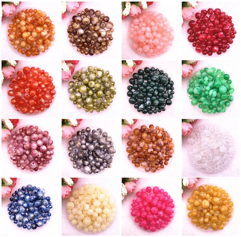 New 8 10 12 14mm Colour Gold Powder Round Acrylic Beads Spacer Loose Beads for Jewelry Making DIY Handmade Bracelet