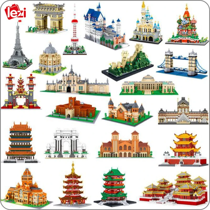 World Architecture Eiffel Tower Bridge Great Wall Louvre Museum Castle Palace DIY Mini Diamond Blocks Bricks Building Toy no Box