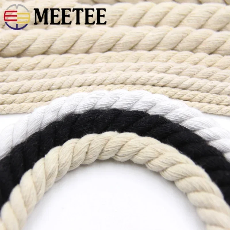 Meetee 5/10M 6MM/8MM/10MM/12MM 3 Shares Twisted 100% Cotton Cords Rope for Bag Decor DIY Home Textile Rope Accessories KY338