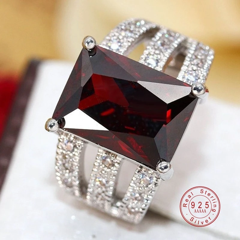 Red AAA Cubic Zircon Rings For Women Genuine Silver color Crystal Filled Bague Femme  Luxury Punk Hollow Out Ring Jewelry