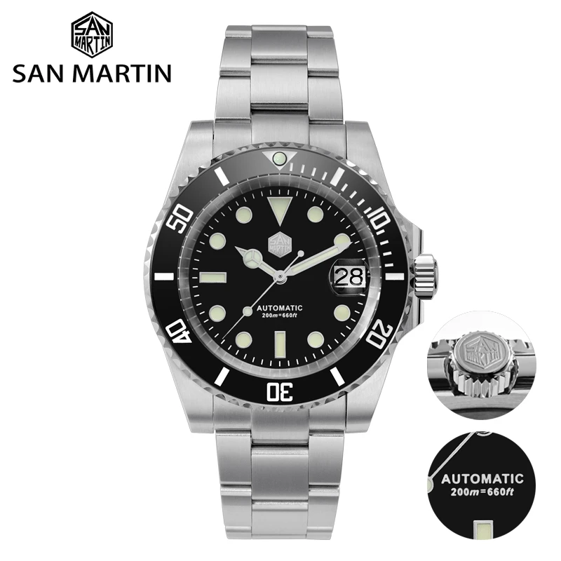 San Martin Diver Water Ghost Luxury Sapphire Crystal Men Automatic Mechanical Watches Ceramic Bezel 20Bar Luminous Date Window