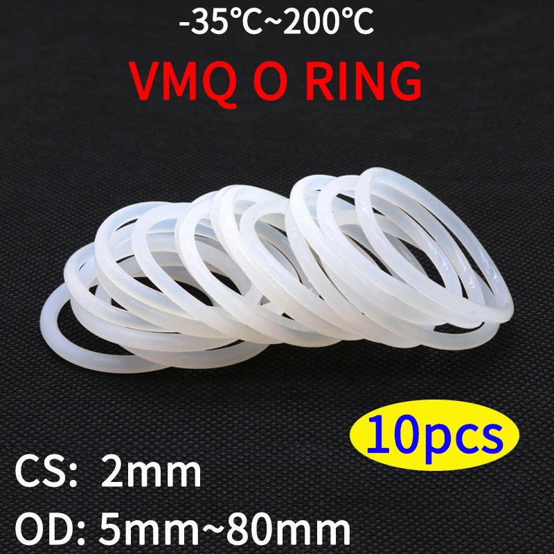 10pcs VMQ O Ring Seal Gasket Thickness CS 2mm OD 5 ~ 80mm Silicone Rubber Insulated Waterproof Washer Round Shape White Nontoxic