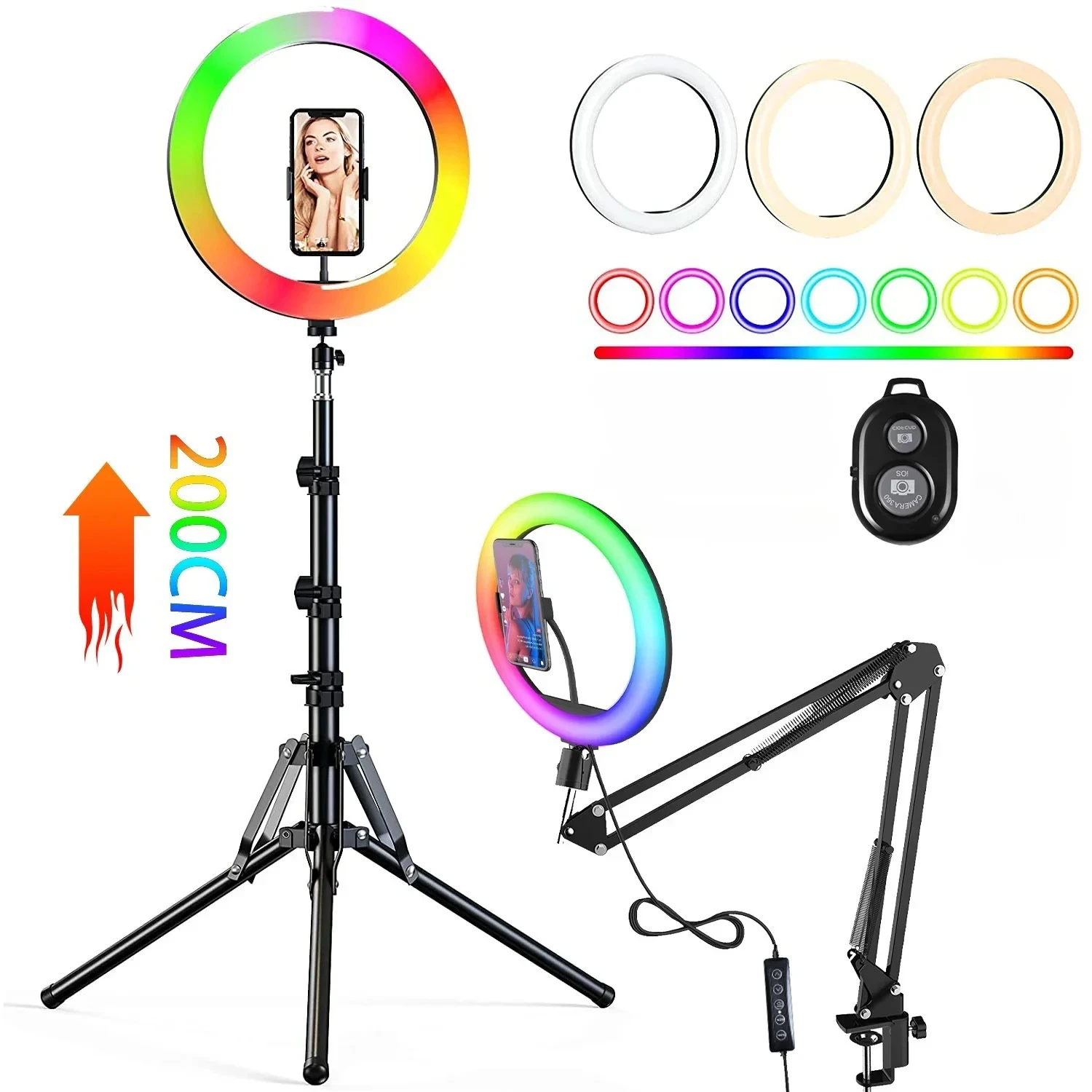 RGB Color Soft Ring Light With Desk Long Arm Tablet Tripod Photography Lighting Selfie RingLight Circle Lamp Phone Holder Stand
