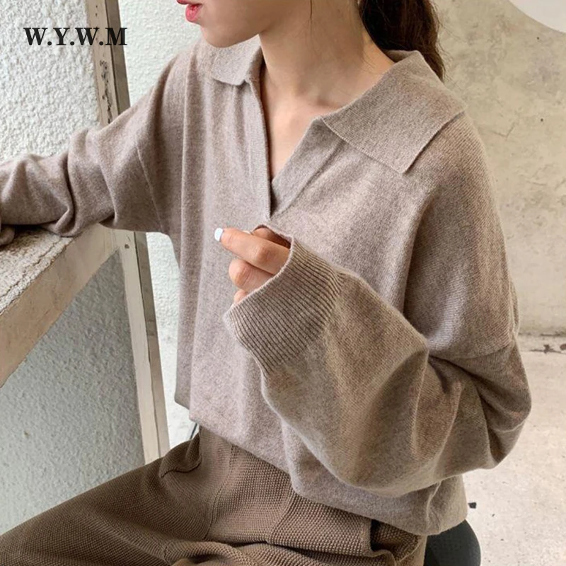 WYWM Autumn Thin Knitted Sweater Women Vintage Polo Collar Long Sleeve Streetwear Pullover Korean Casual V-neck Female Clothing
